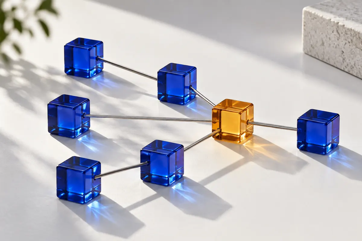 Blaue Glasblöcke sind über Metallstäbe mit einem bernsteinfarbenen Kontrollpunkt verbunden